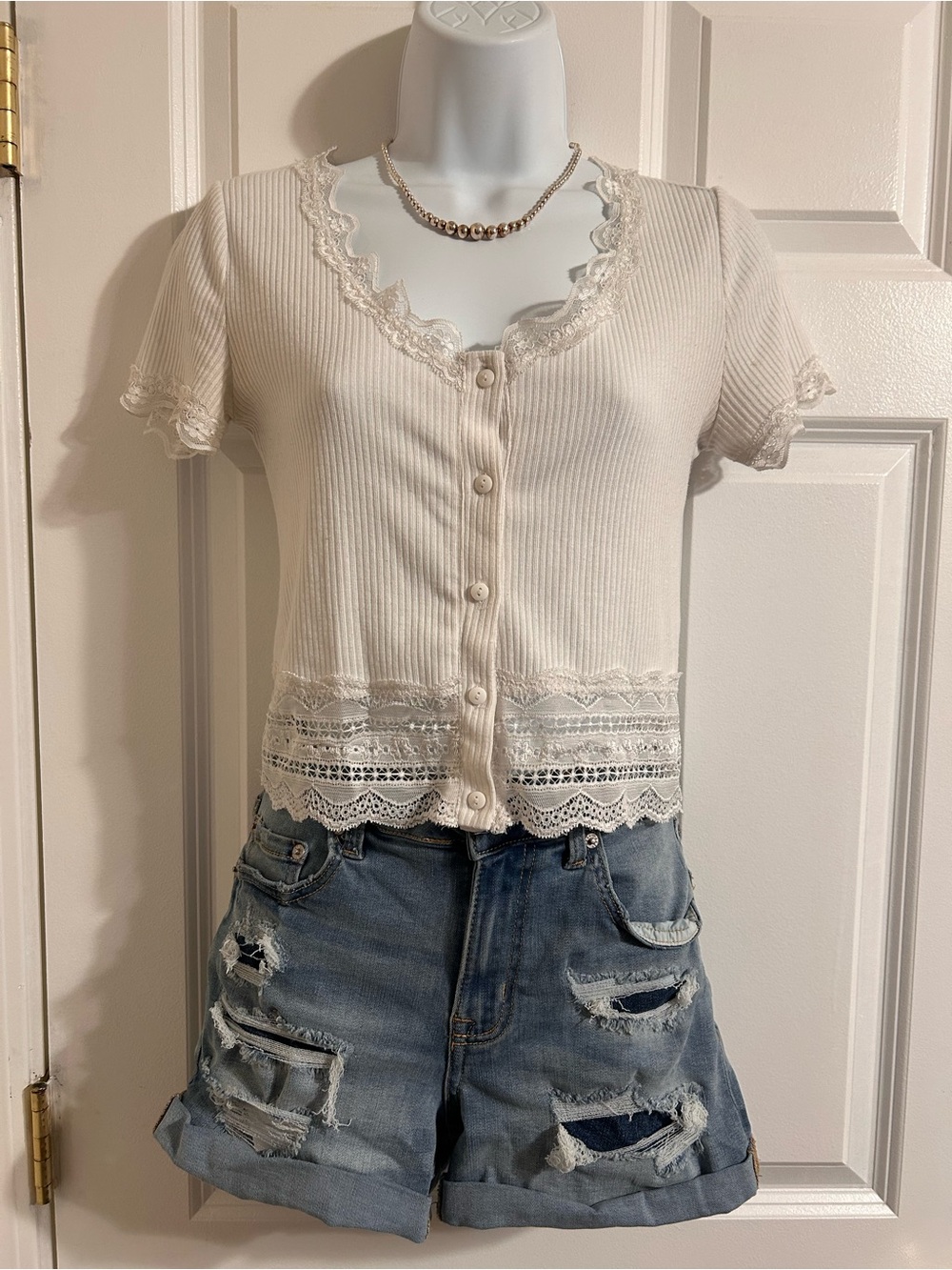 Caution To The Wind Cream Ribbed Lace-Trim Button Down Top